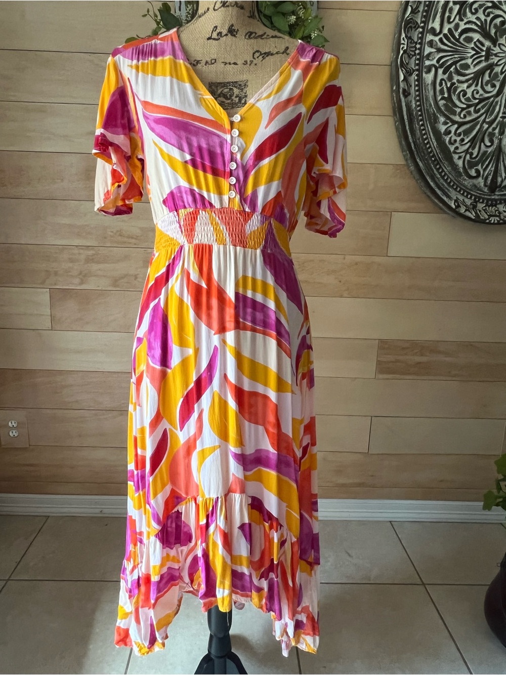 Abel the Label Bright Multi-Color V-Neck Midi Dress with Button Front Size Small